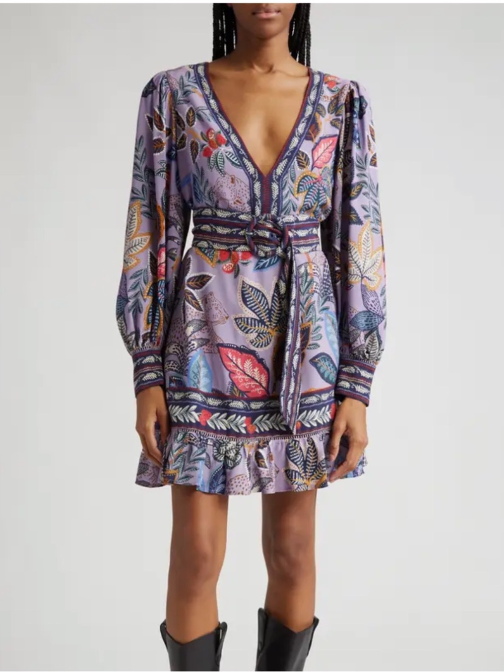 Farm Rio Wild Night Floral Print Long Sleeve Belted Mini Dress Tropical Leopard